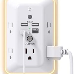 Surge Protector, Multi Plug Outlet Extender with Night Light for Home, Office, School, Addtam 5-Outlet Splitter and 4 USB Ports(1 USB C), Wall Charger Power Strip, ETL Listed