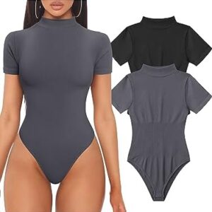 OQQ Women's 2 Piece Bodysuits Sexy Ribbed Short Sleeve Turtle Neck Tops Bodysuits